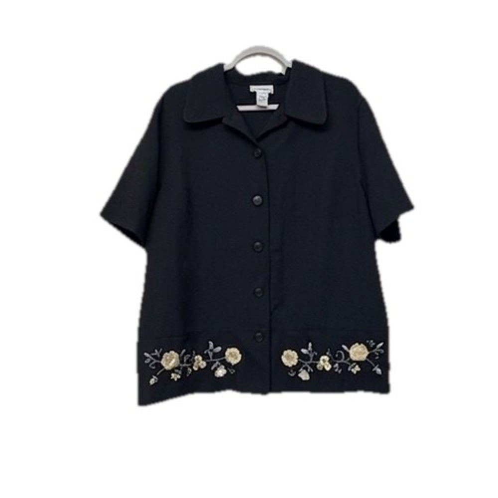 Alfred Dunner 18W Black Shirt Embroidered Button Down Collared Short Sleeve